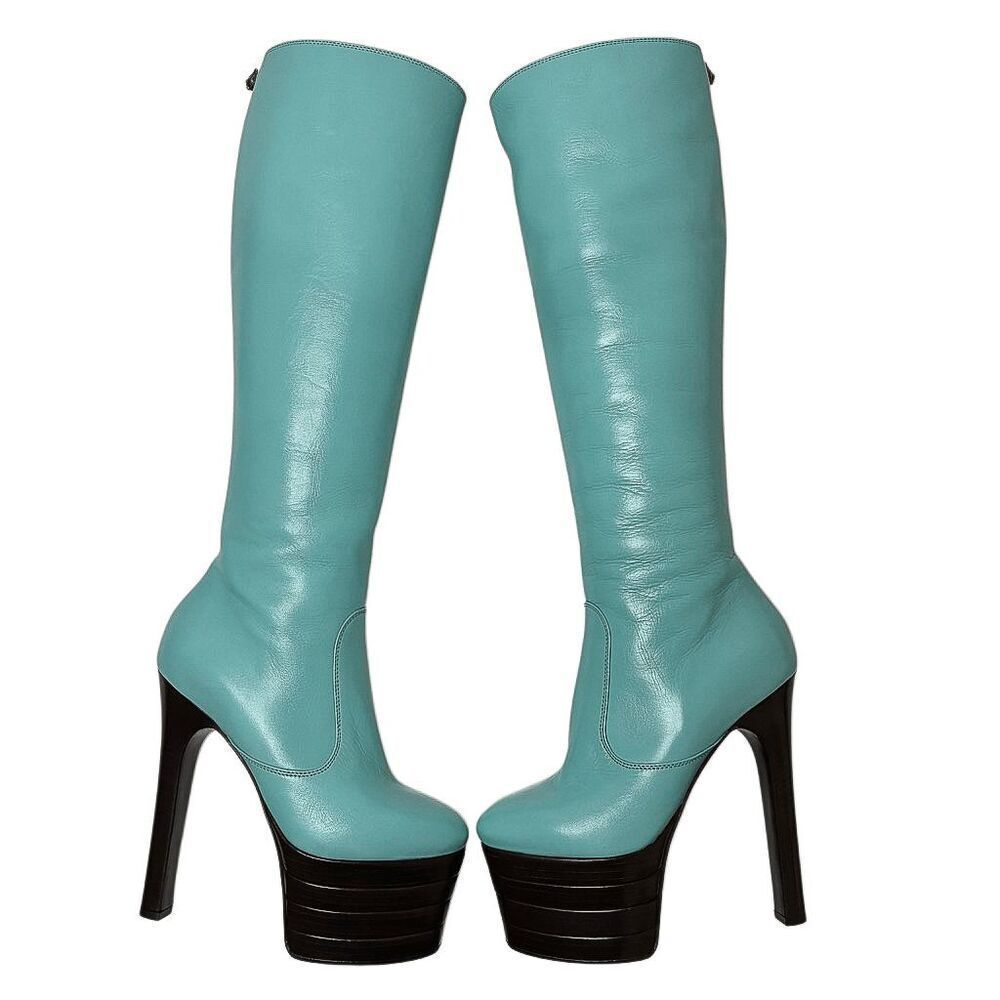 Gucci Aquamarine Teal Angel Feline Head Platform Knee High Zip Up Boot EU 36.5